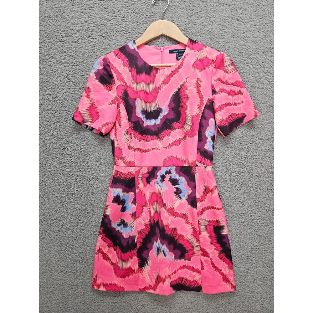 French Connection Mini Dress 0 Pink Abstract Psychedelic Ikat Mod Short Sleeve